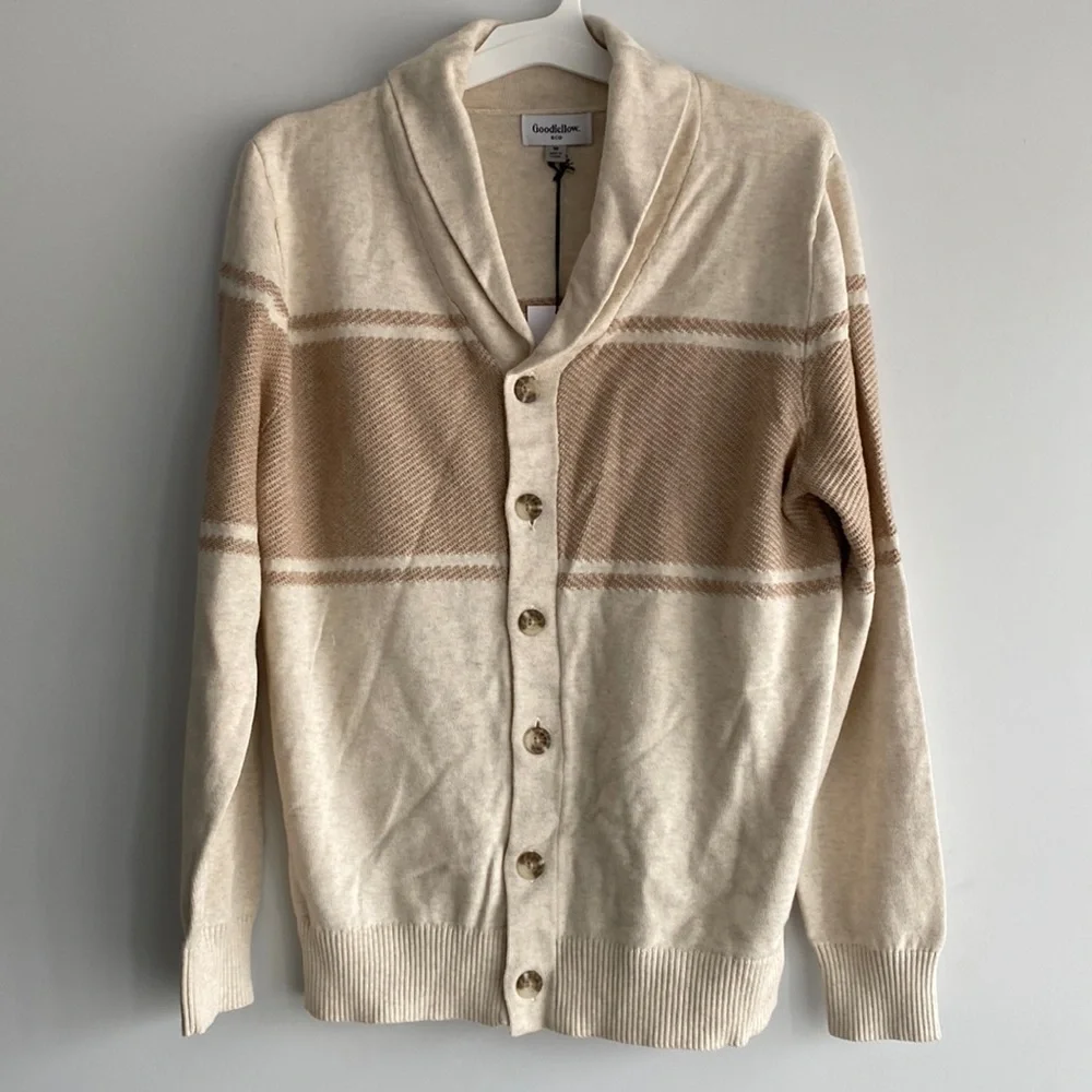 Men’s Cotton Knit Cardigan Lapel Collar Button Down Goodfellow & Co Cream Size M - Picture 1 of 5